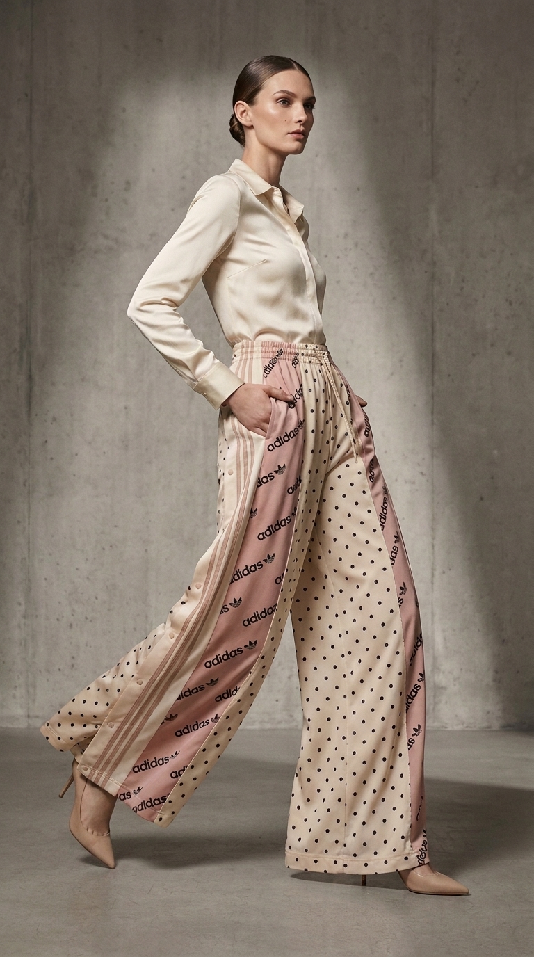 [HYBRID] High waisted cream polka dot/sportswear trousers