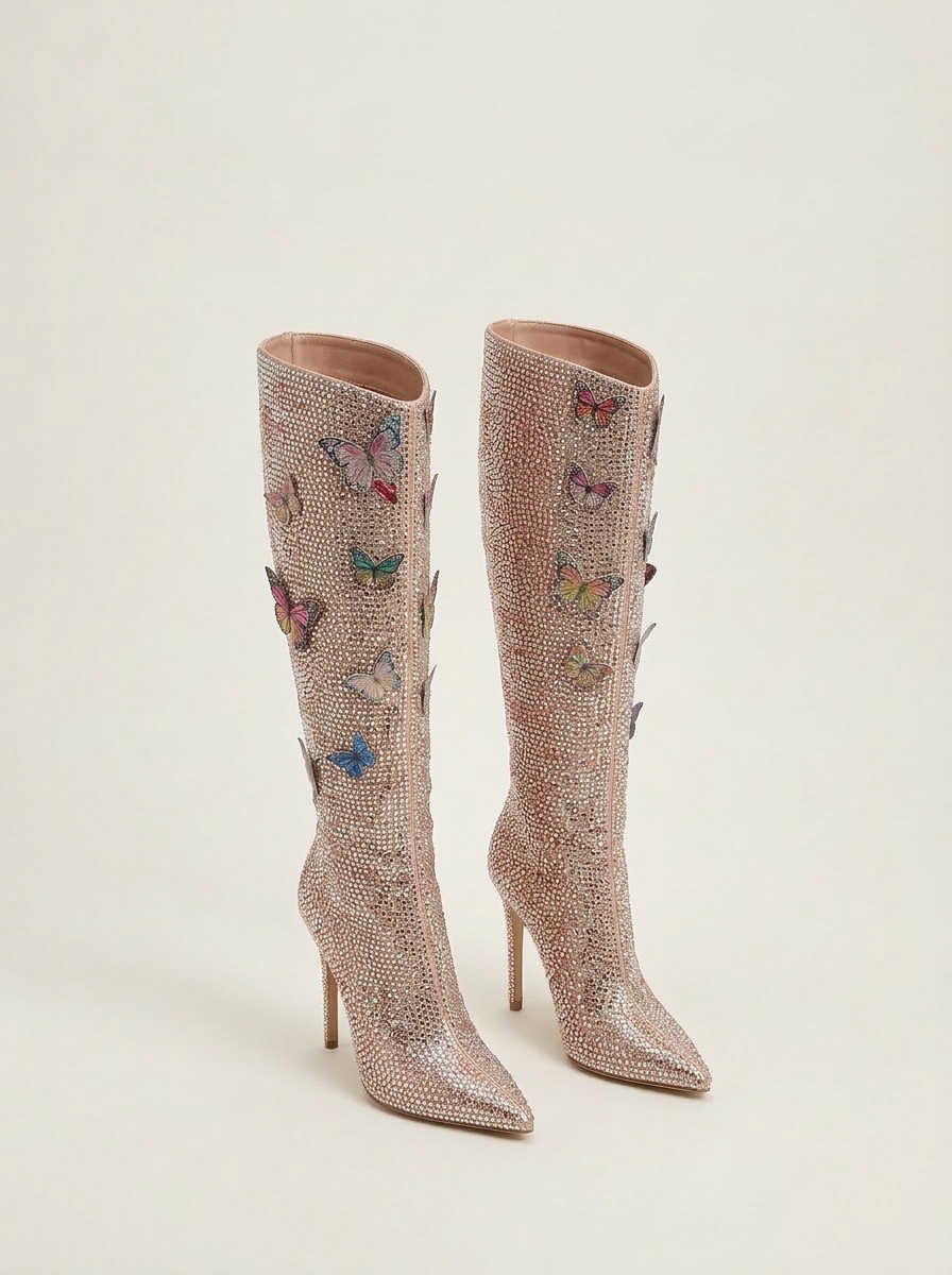 [THESE BOOTS WERE MADE FOR WALKING] SIZE 6 Rhinestone 3D Butterfly knee high boots