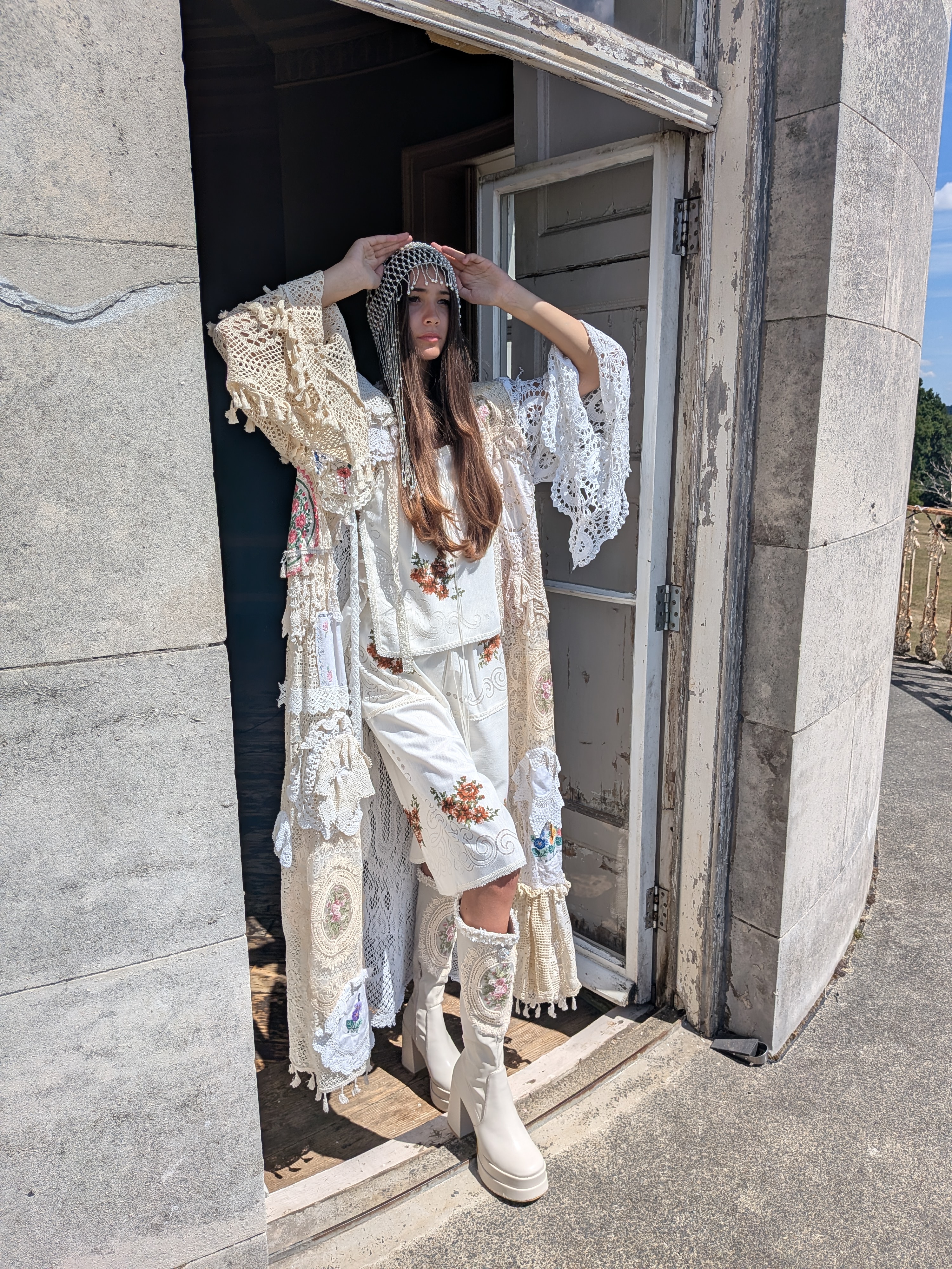 [THESE BOOTS WERE MADE FOR WALKING] SIZE 6 platform cream embroidered knee high boots