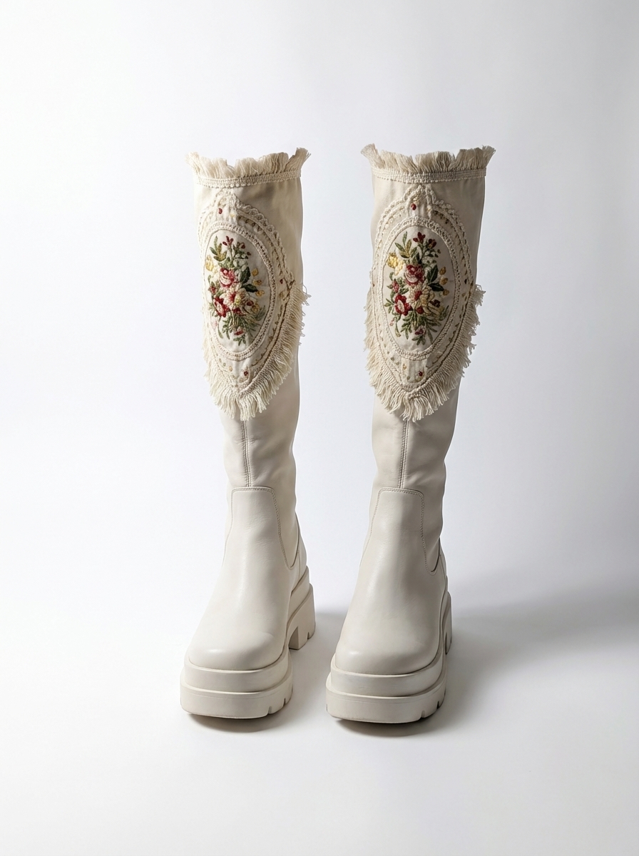 [THESE BOOTS WERE MADE FOR WALKING] SIZE 6 platform cream embroidered knee high boots