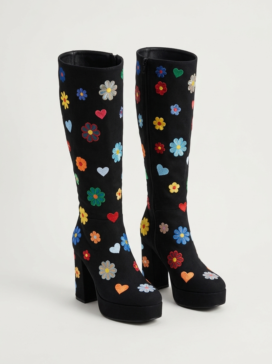[THESE BOOTS WERE MADE FOR WALKING] SIZE 6 platform Black flower embroidered knee high boots