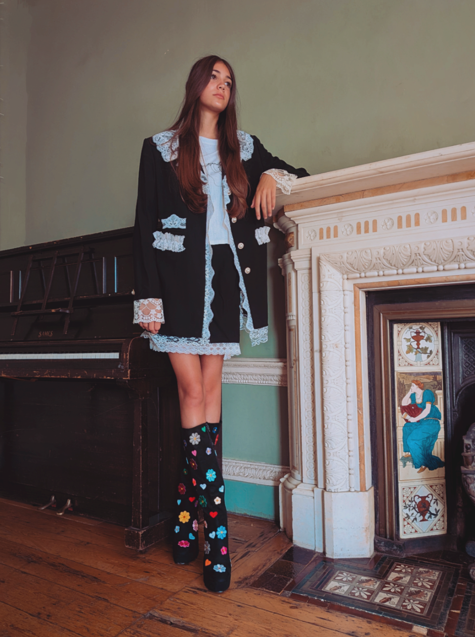 [THESE BOOTS WERE MADE FOR WALKING] SIZE 6 platform Black flower embroidered knee high boots