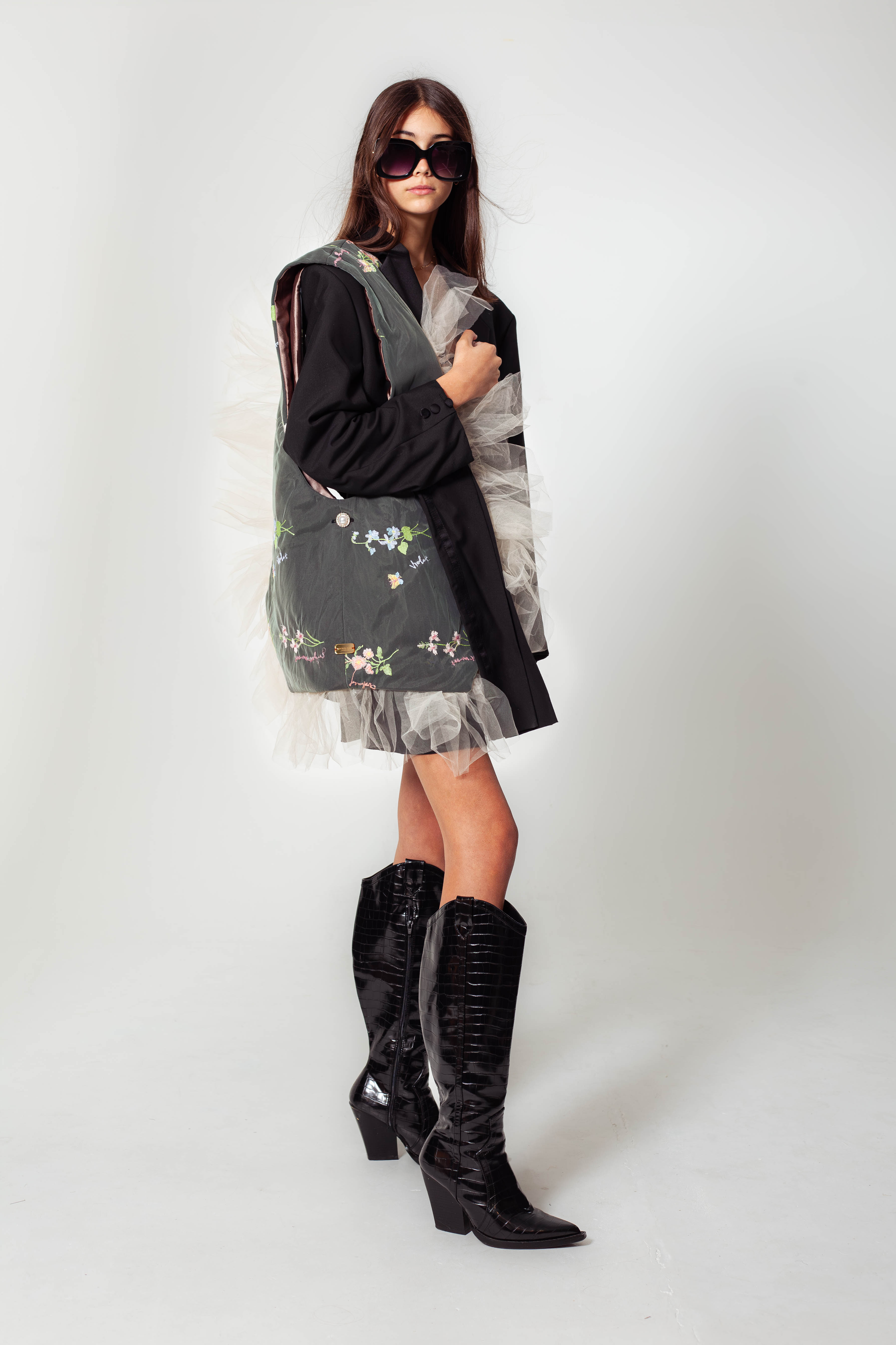 MEDIUM BLACK WOOL FLORAL EMBROIDERED TULLE [FORGET ME NOT] BAG