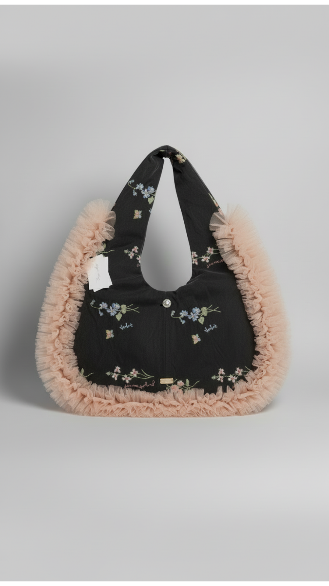 MEDIUM BLACK WOOL FLORAL EMBROIDERED TULLE [FORGET ME NOT] BAG