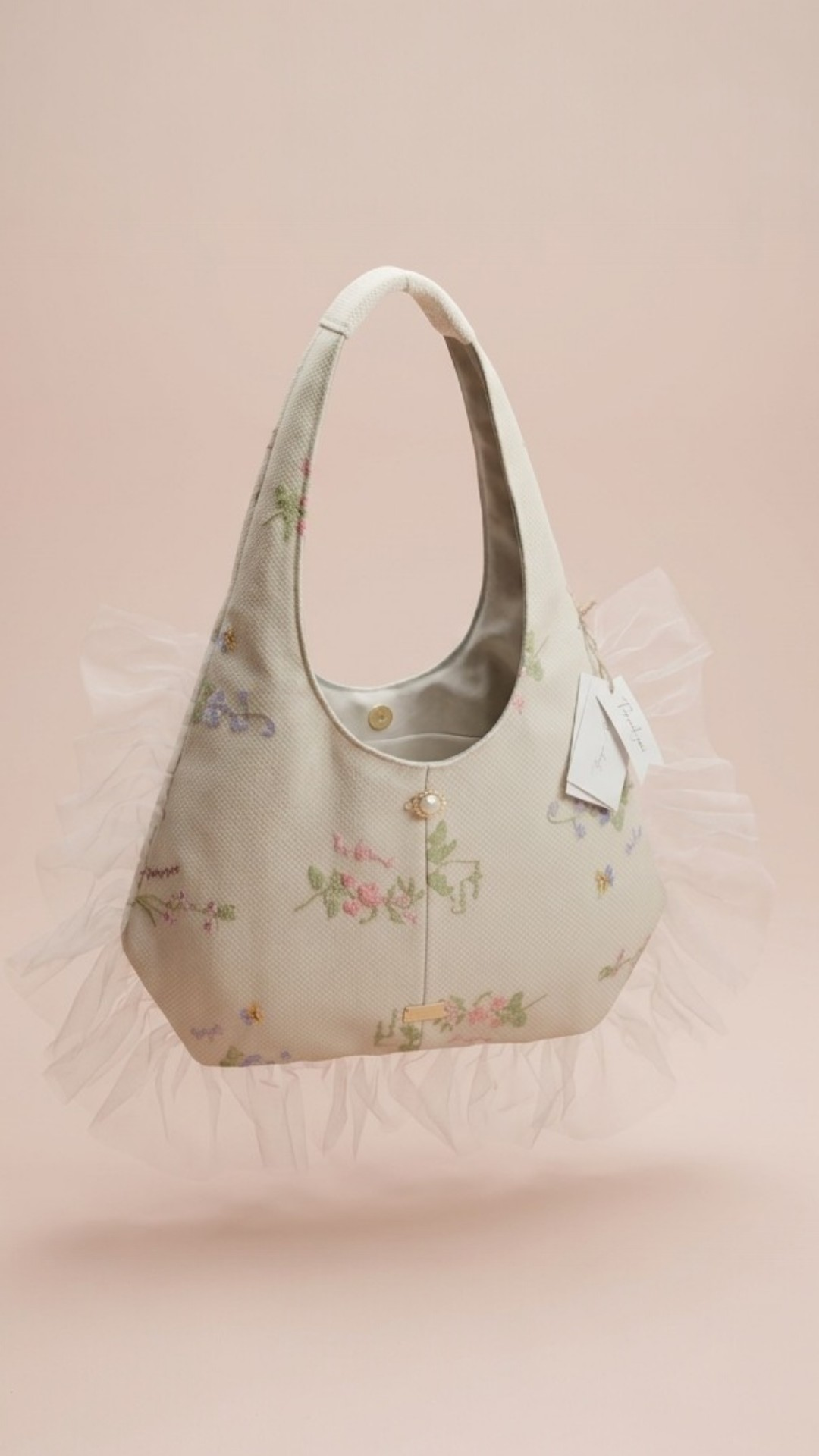 LARGE CREAM UPHOLSTERY CANVAS FLORAL EMBROIDERED TULLE [FORGET  ME NOT] BAG