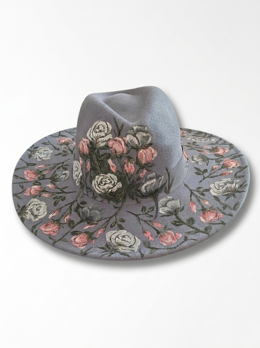 The [REMEMBER TO SMELL THE ROSES] Hand painted fedora hats